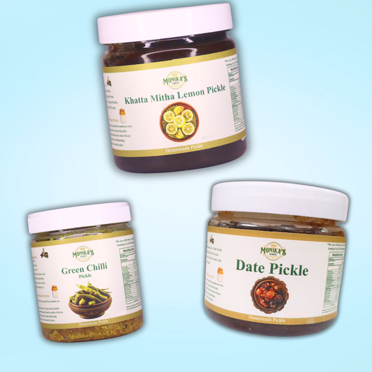 Green Chilli Pickle, Khatta Mitha Lemon Pickle & Date Pickle - Sweet & Spicy Pickle Trio