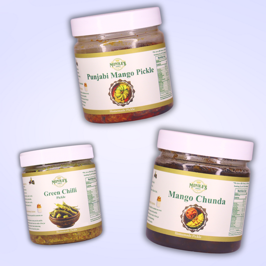 Green Chilli Pickle, Mango Chunda & Punjabi Mango Pickle - Spicy & Mango Delight Pickle Trio
