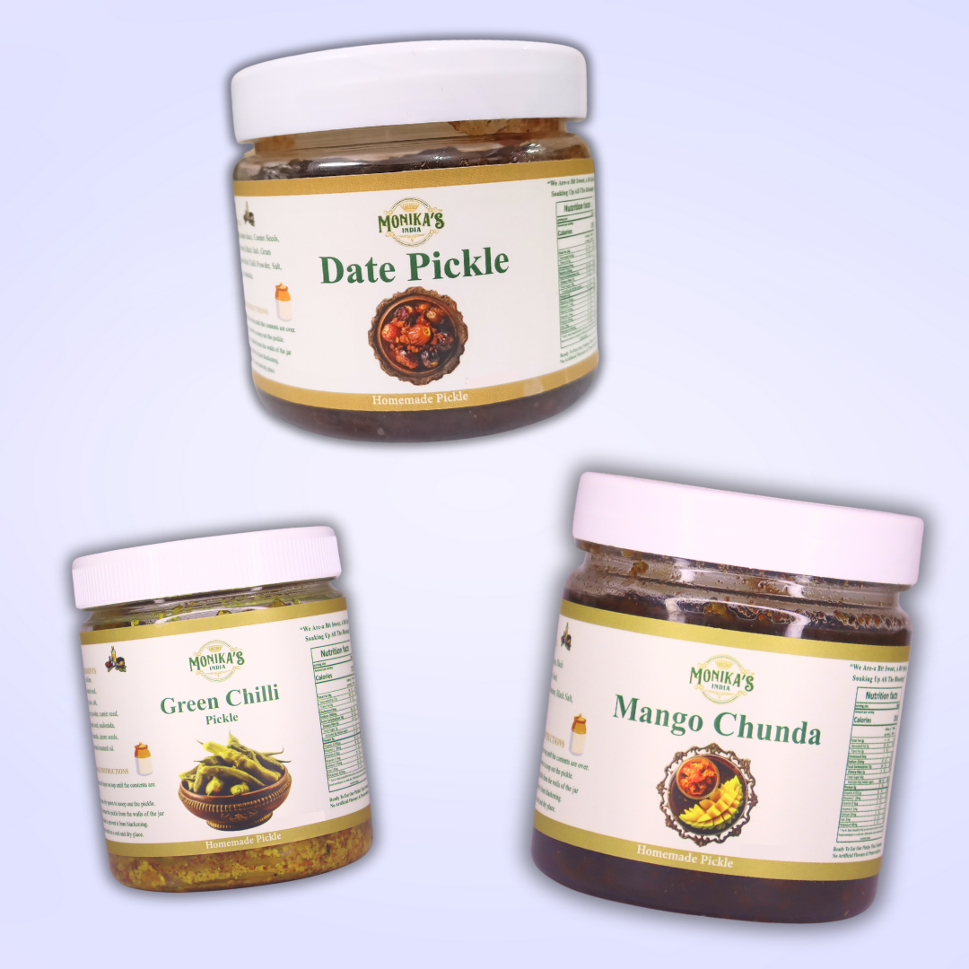 Green Chilli Pickle, Mango Chunda & Date Pickle - Sweet & Spicy Pickle Trio