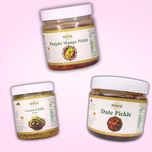 Green Chilli Pickle, Punjabi Mango Pickle & Date Pickle - Sweet & Spicy Pickle Trio