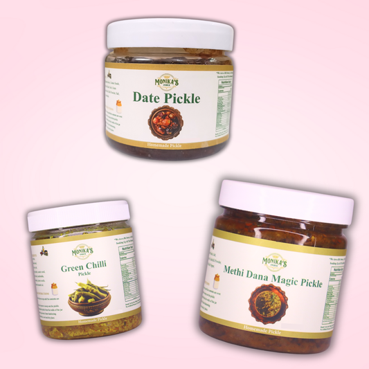 Green Chilli Pickle, Methi Dana Magic Pickle & Date Pickle - Sweet & Savory Pickle Trio