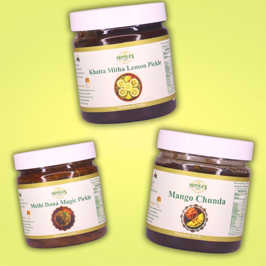 Khatta Mitha Lemon Pickle, Mango Chunda & Methi Dana Magic Pickle - Tangy & Savory Pickle Trio