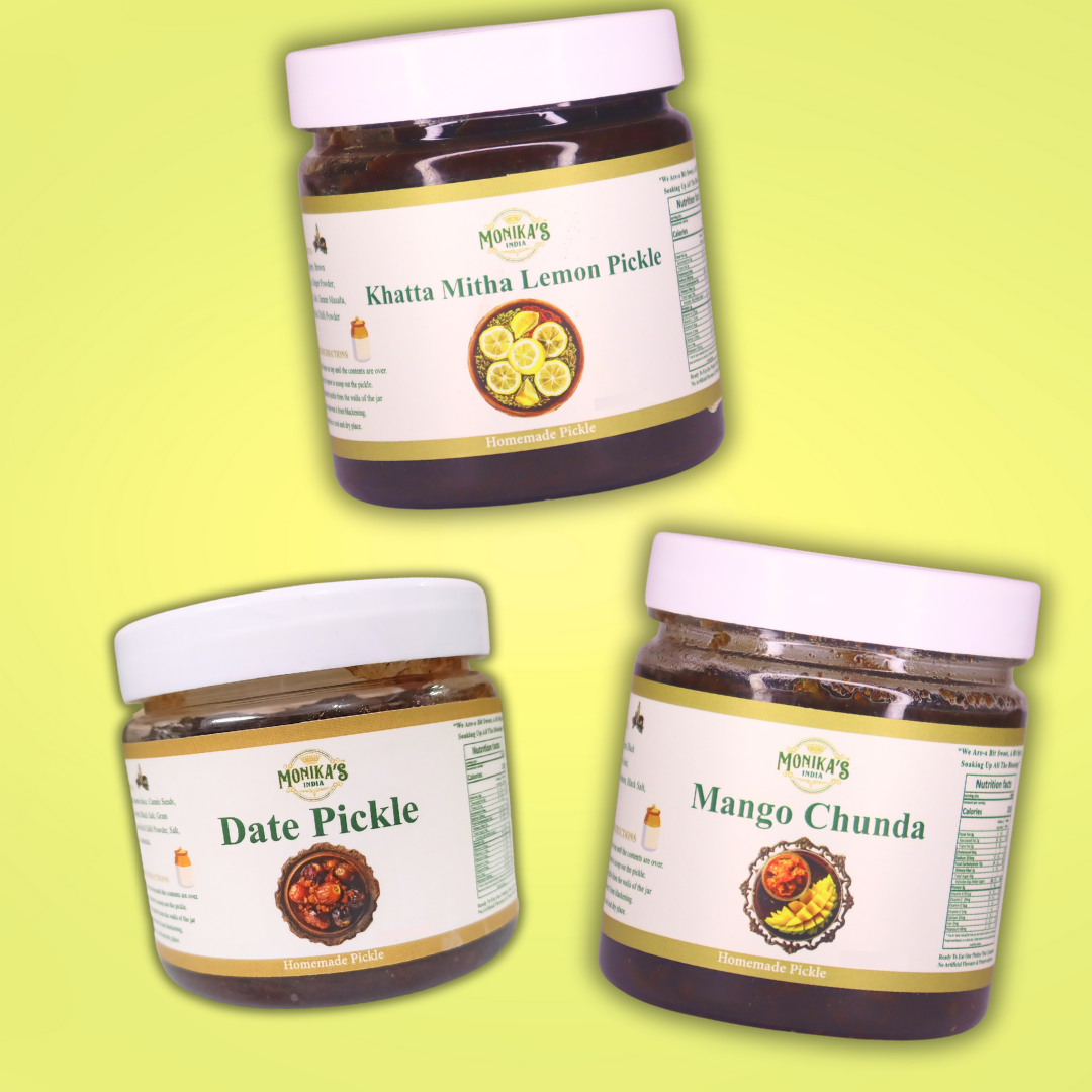 Khatta Mitha Lemon Pickle, Mango Chunda & Date Pickle - Tangy & Sweet Pickle Trio