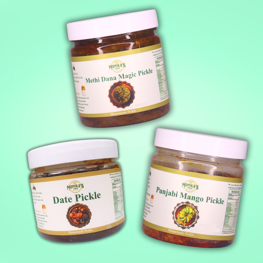 Punjabi Mango Pickle, Methi Dana Magic Pickle & Date Pickle - Punjabi & Savory Pickle Trio